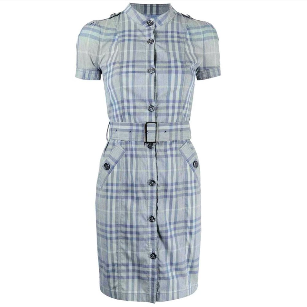 Burberry Brit Nova Check Belted Shirtdress Gray Blue Plaid US 4